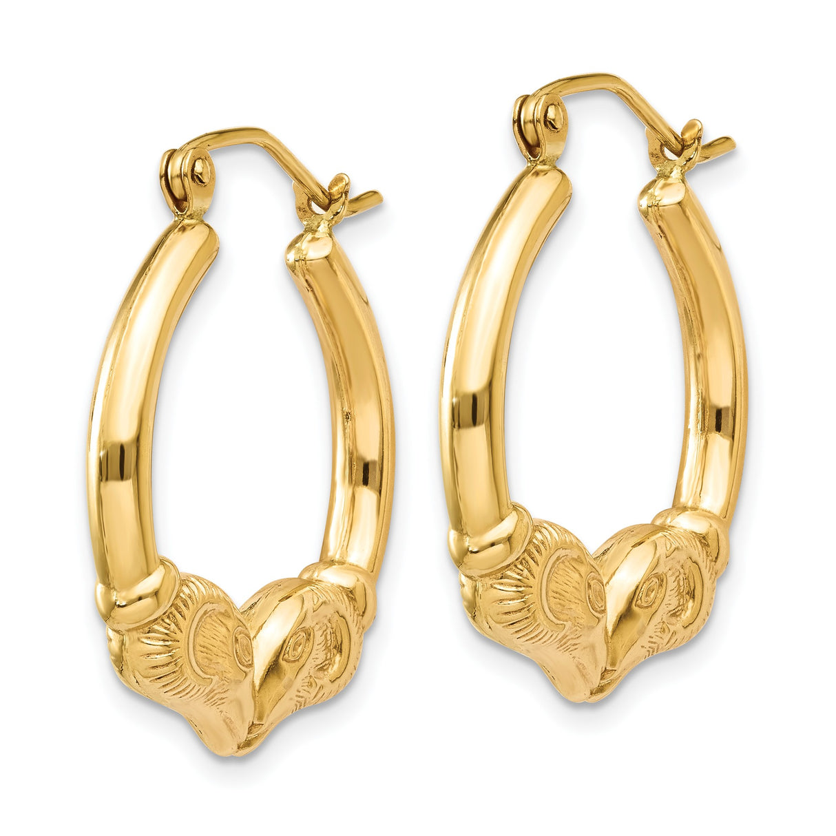 14k Yellow Gold Hoop Earrings with Ram Head Design, Aries Zodiac Animal Theme