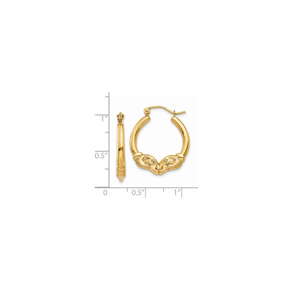 14k Yellow Gold Hoop Earrings with Ram Head Design, Aries Zodiac Animal Theme