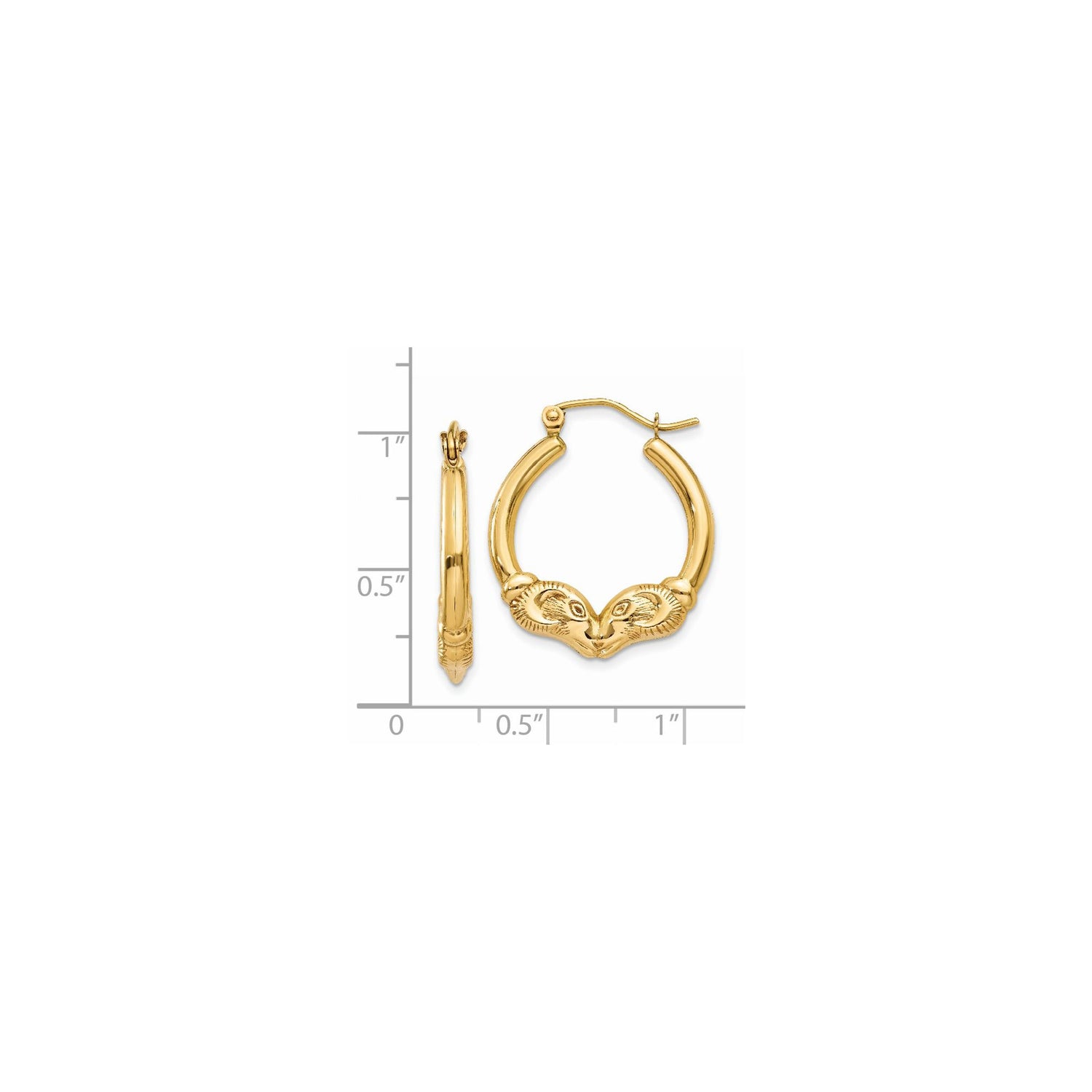 14k Yellow Gold Hoop Earrings with Ram Head Design, Aries Zodiac Animal Theme