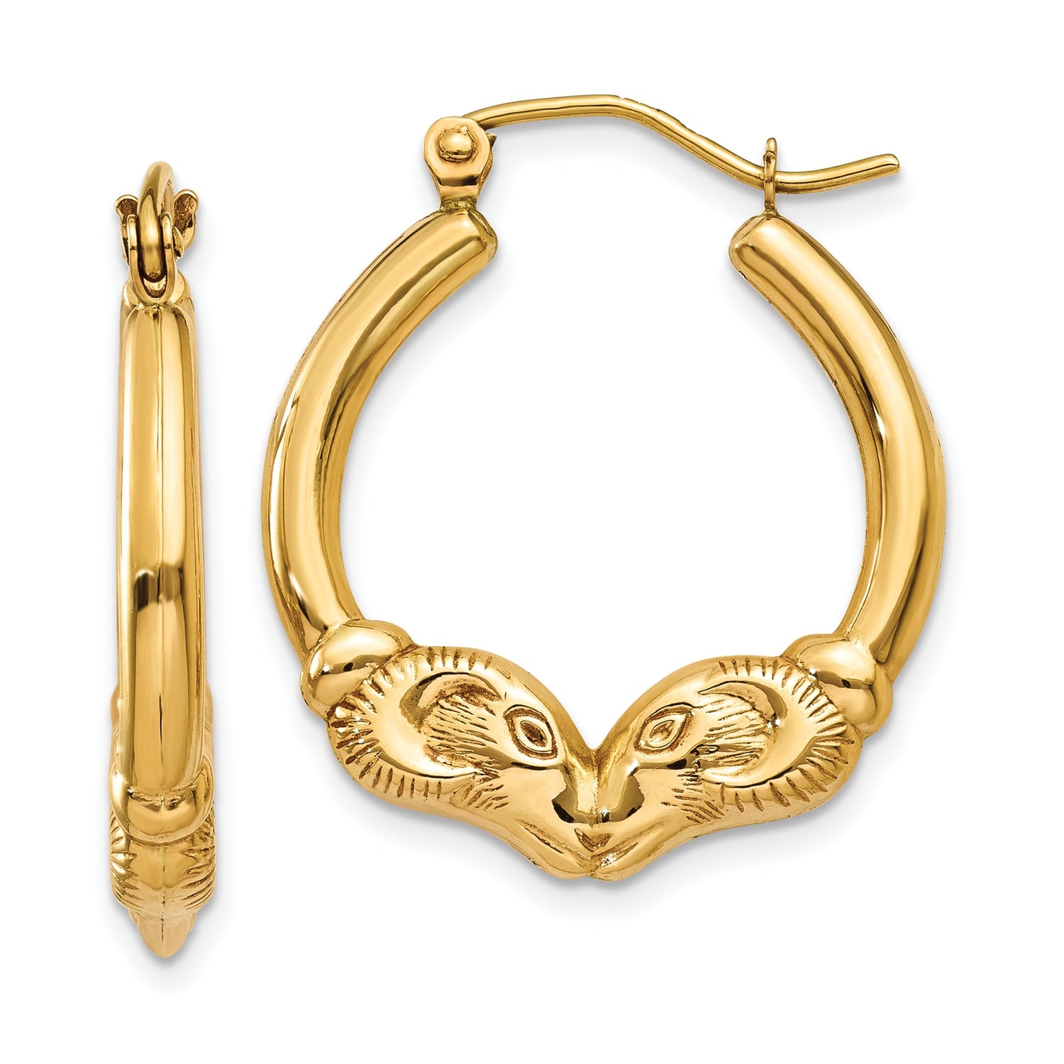 14k Yellow Gold Hoop Earrings with Ram Head Design, Aries Zodiac Animal Theme