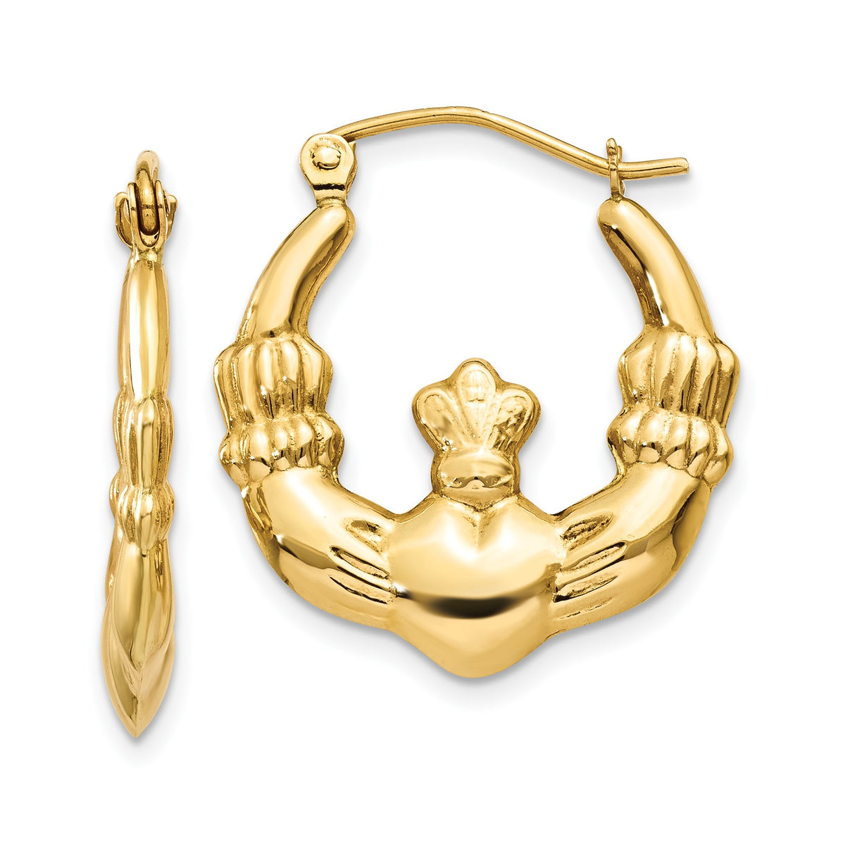 14k Yellow Gold Claddagh Hoop Earrings with Heart, Crown, and Hands Celtic Design