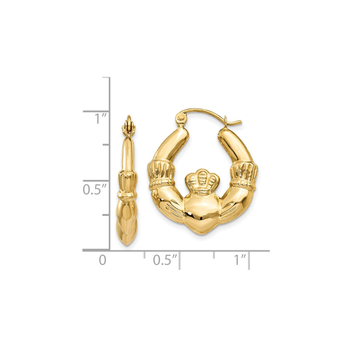 14k Yellow Gold Claddagh Hoop Earrings, Celtic Heart Hands Crown Design for Women