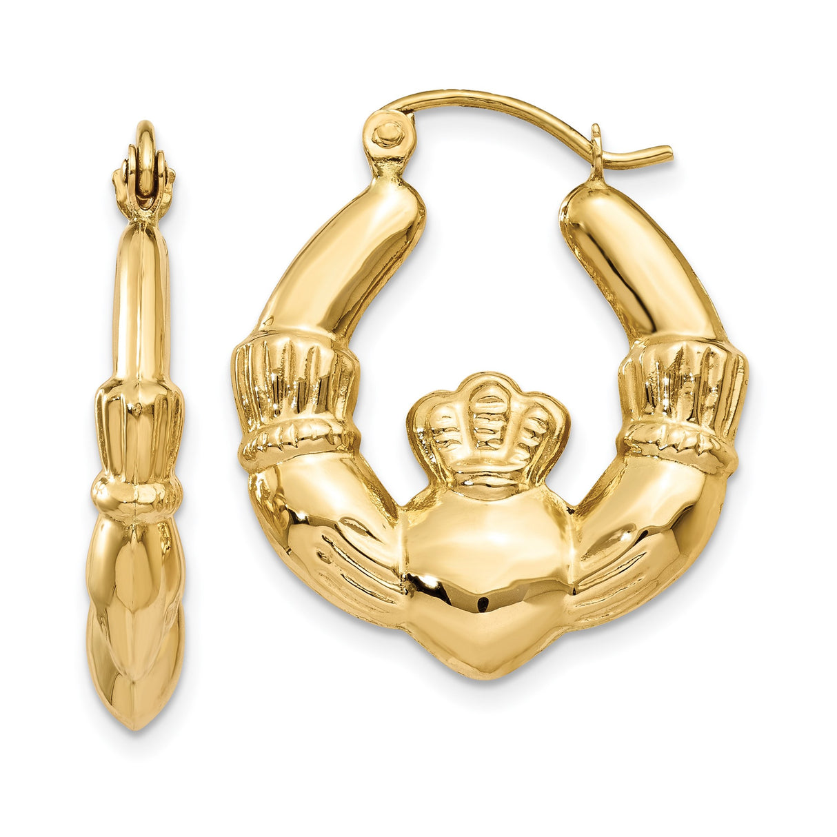 14k Yellow Gold Claddagh Hoop Earrings, Celtic Heart Hands Crown Design for Women