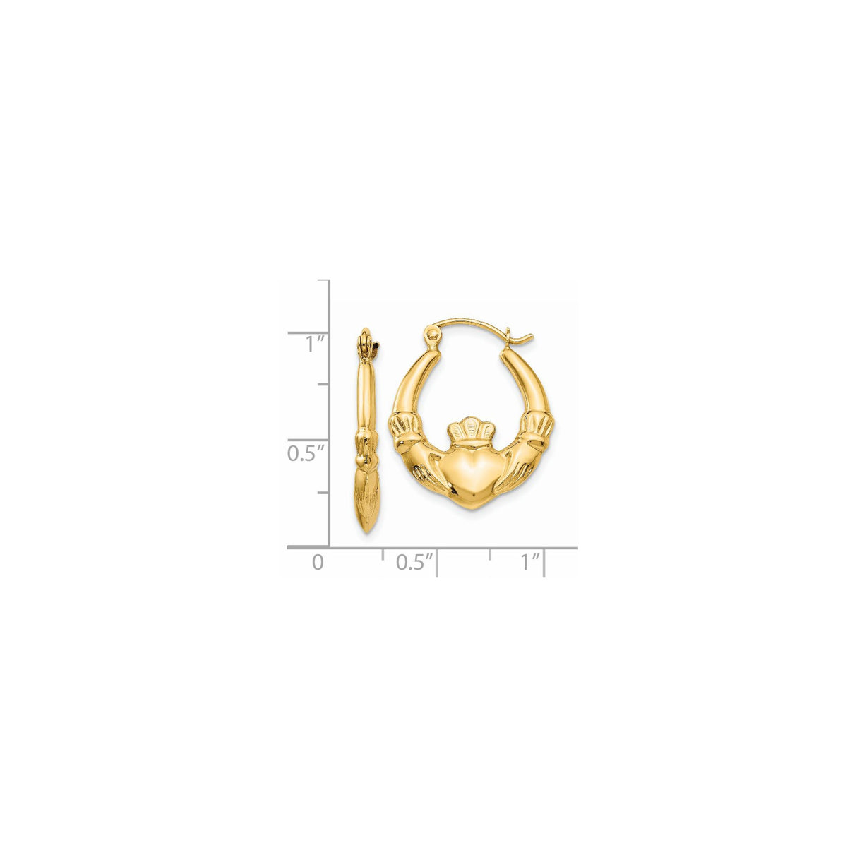 14k Yellow Gold Claddagh Hoop Earrings with Heart, Hands and Crown Celtic Design