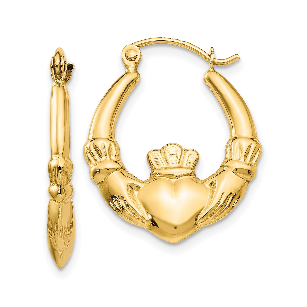 14k Yellow Gold Claddagh Hoop Earrings with Heart, Hands and Crown Celtic Design