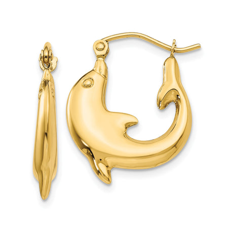 14k Yellow Gold Dolphin Hoop Earrings with Marine Animal Design for Women