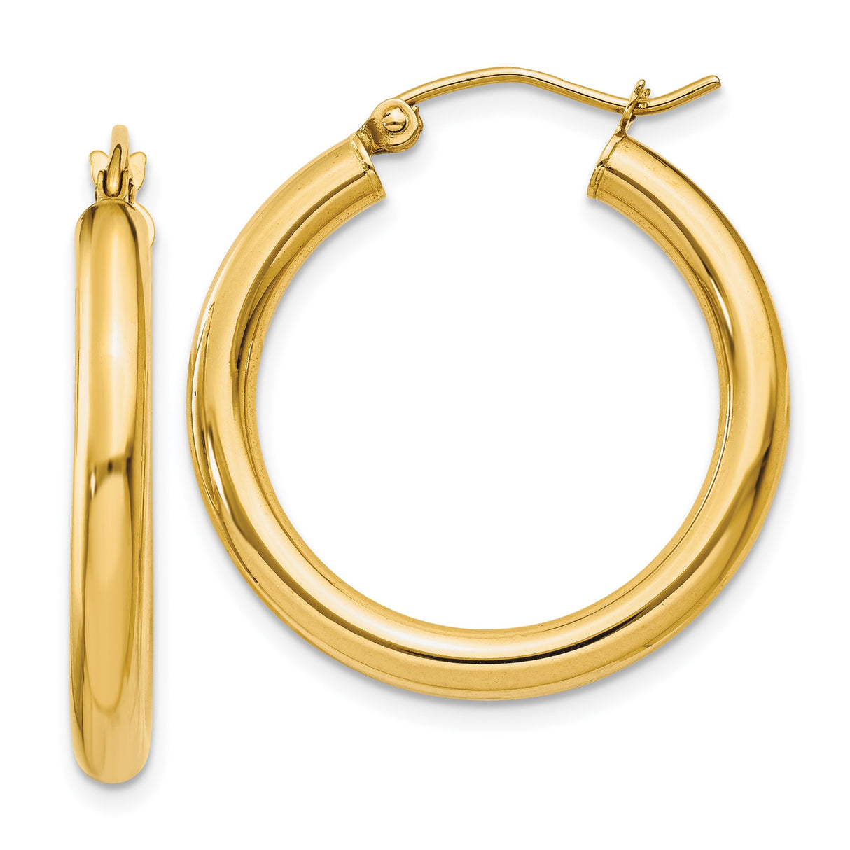 14k Yellow Gold Hoop Earrings, Polished Finish, Classic Round Design, Latch Back Closure