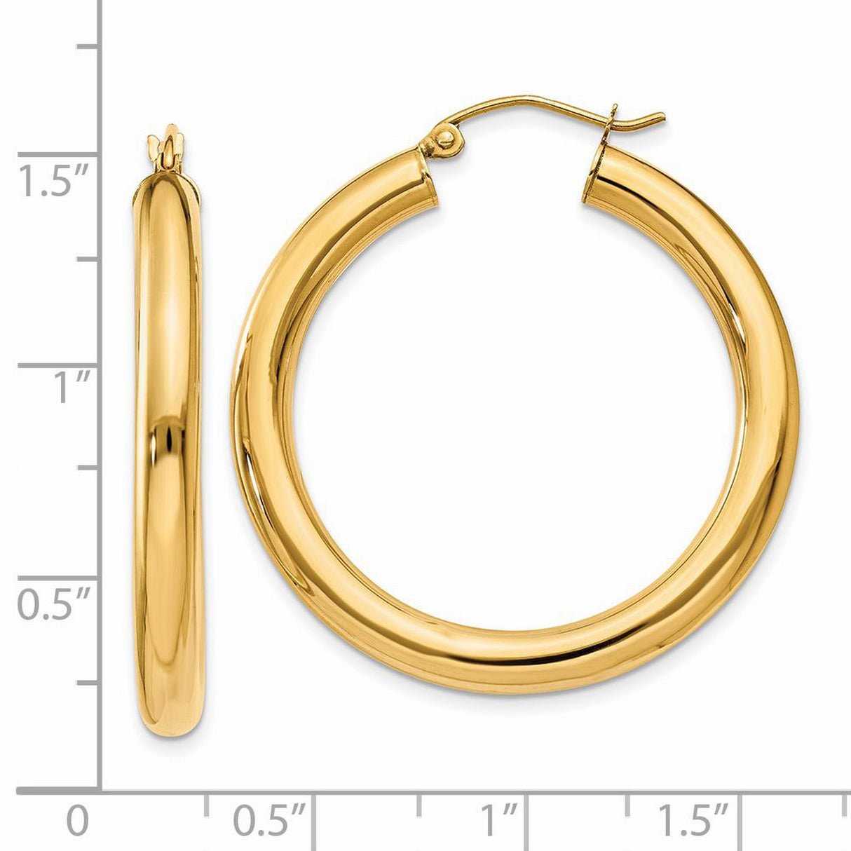 14k Yellow Gold Hoop Earrings, Medium Round Polished Lightweight Design for Women