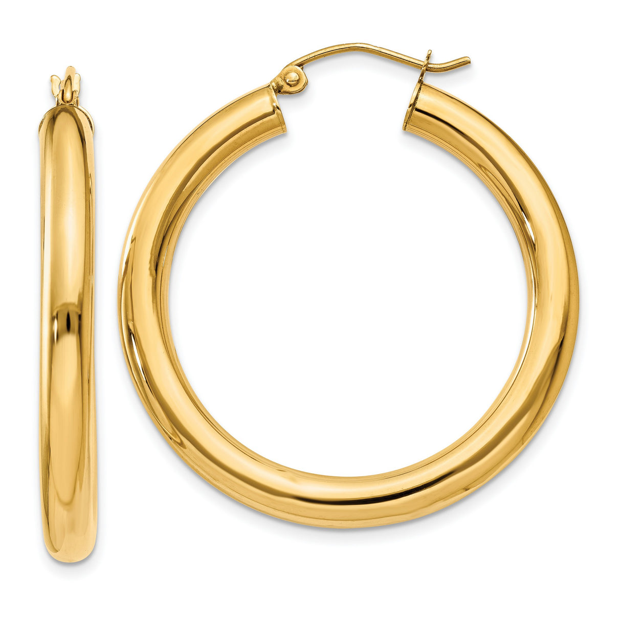 14k Yellow Gold Hoop Earrings, Medium Round Polished Lightweight Design for Women