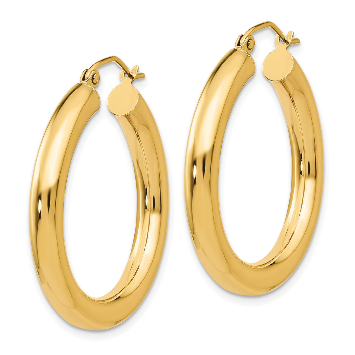 14k Yellow Gold Hoop Earrings, Medium Thick Polished Round Hoops with Hinged Snap Closure