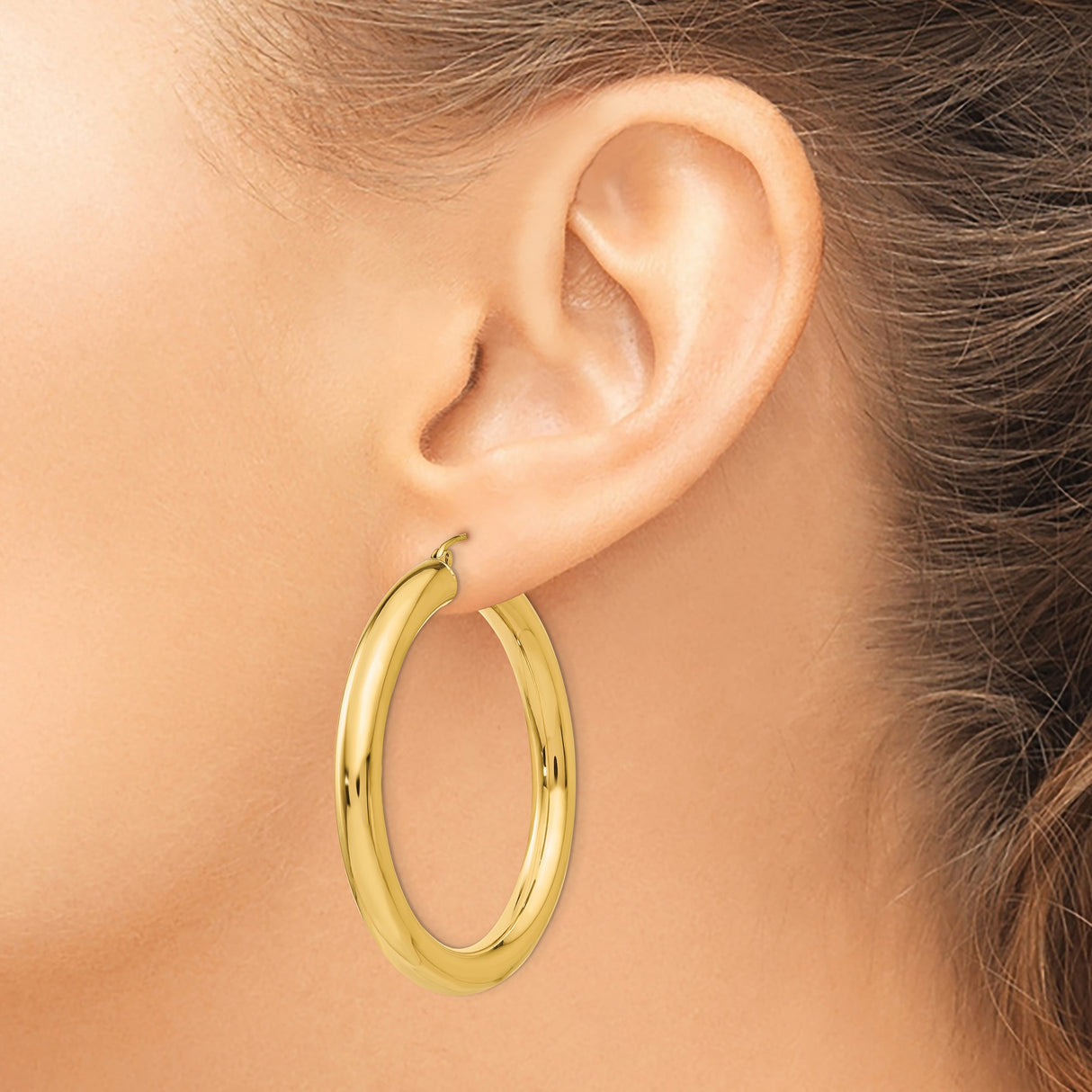 14k Yellow Gold Hoop Earrings, Classic Round Tube Design with Polished Finish, Medium Size