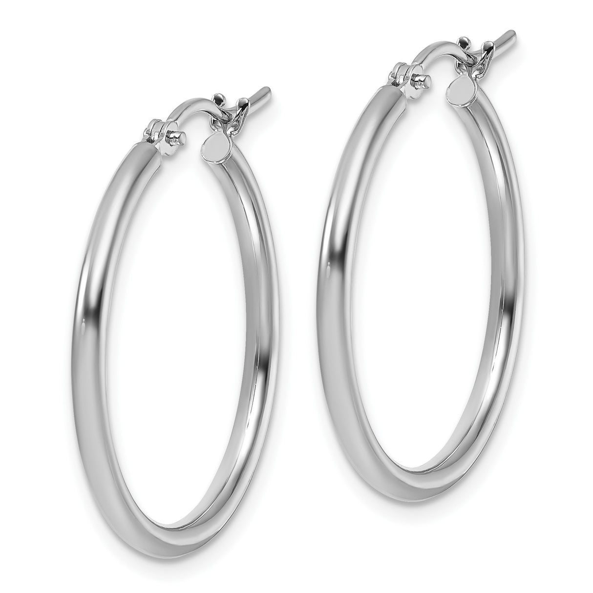 10k White Gold Hoop Earrings, Medium Round Polished Hoops with Hinged Closure for Women