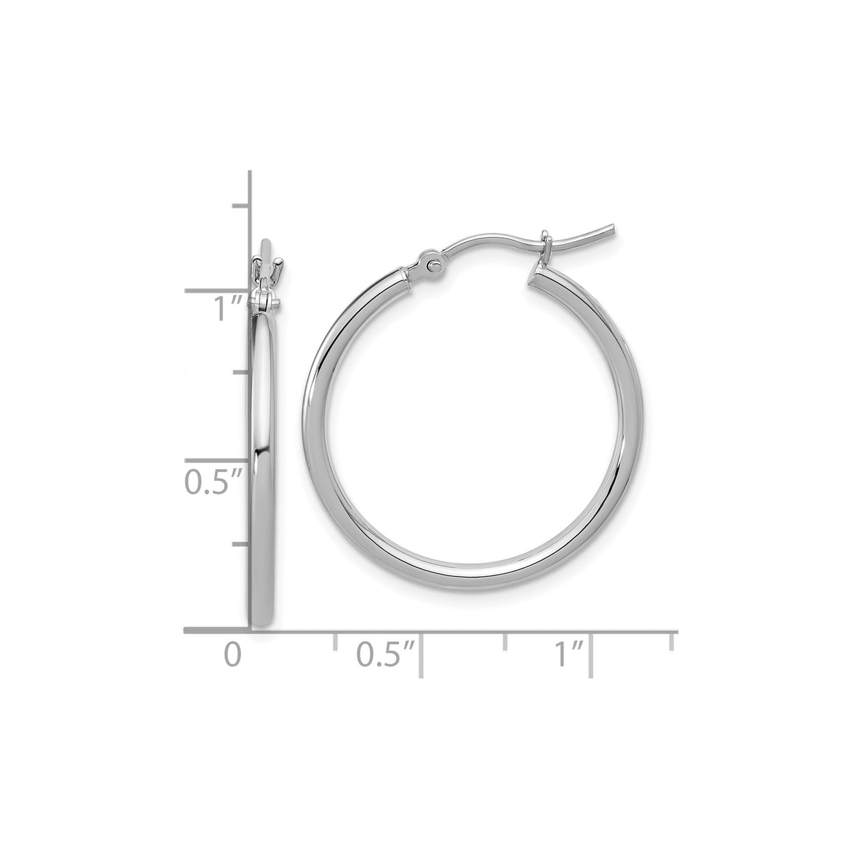 10k White Gold Hoop Earrings, Medium Round Polished Hoops with Hinged Closure for Women