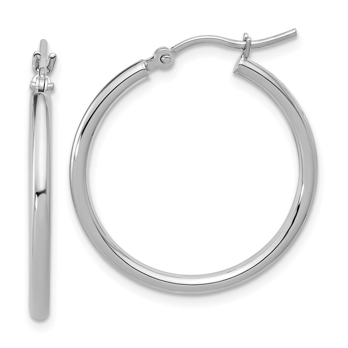 10k White Gold Hoop Earrings, Medium Round Polished Hoops with Hinged Closure for Women