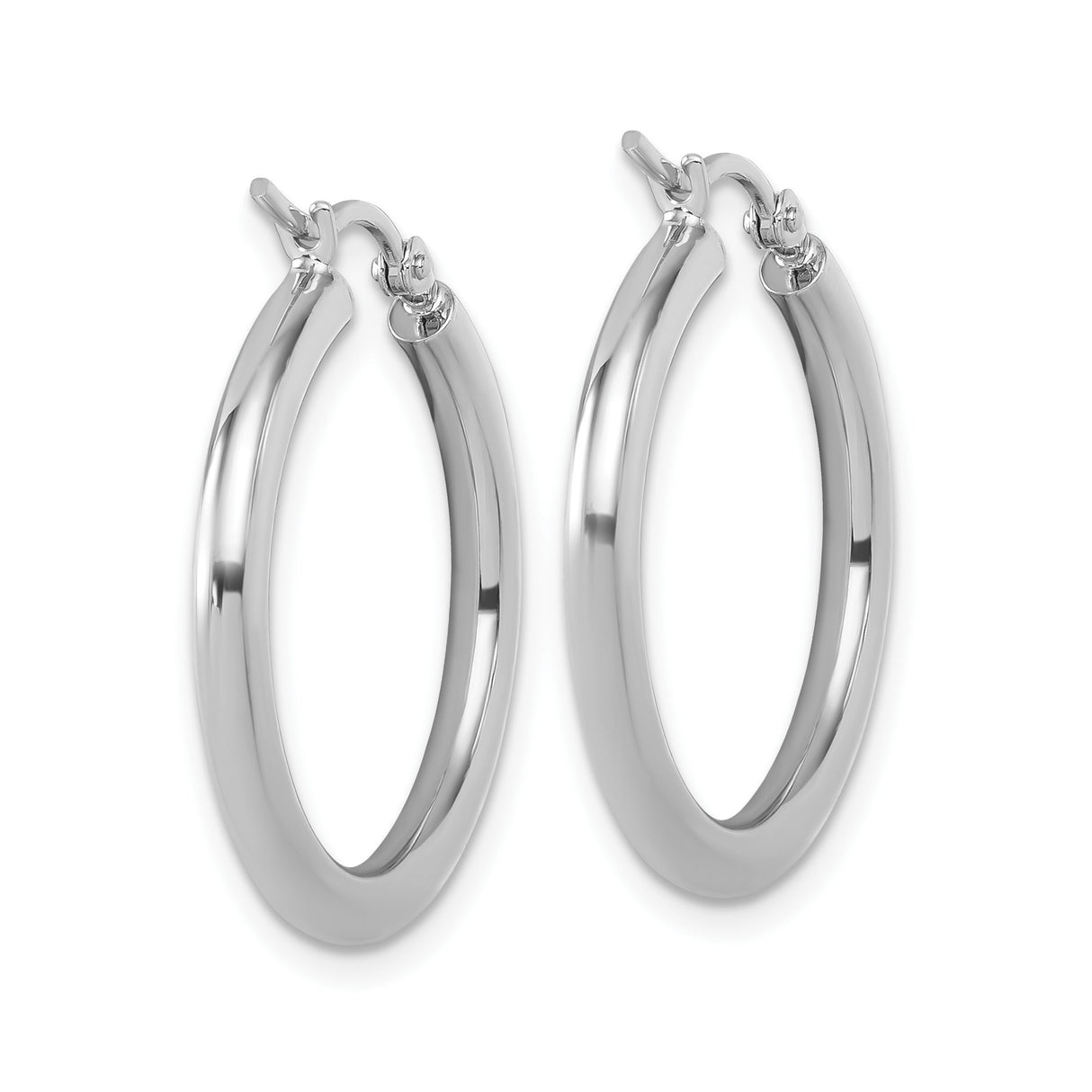 10k White Gold Hoop Earrings, Classic Polished Round Design with Hinged Snap Closure