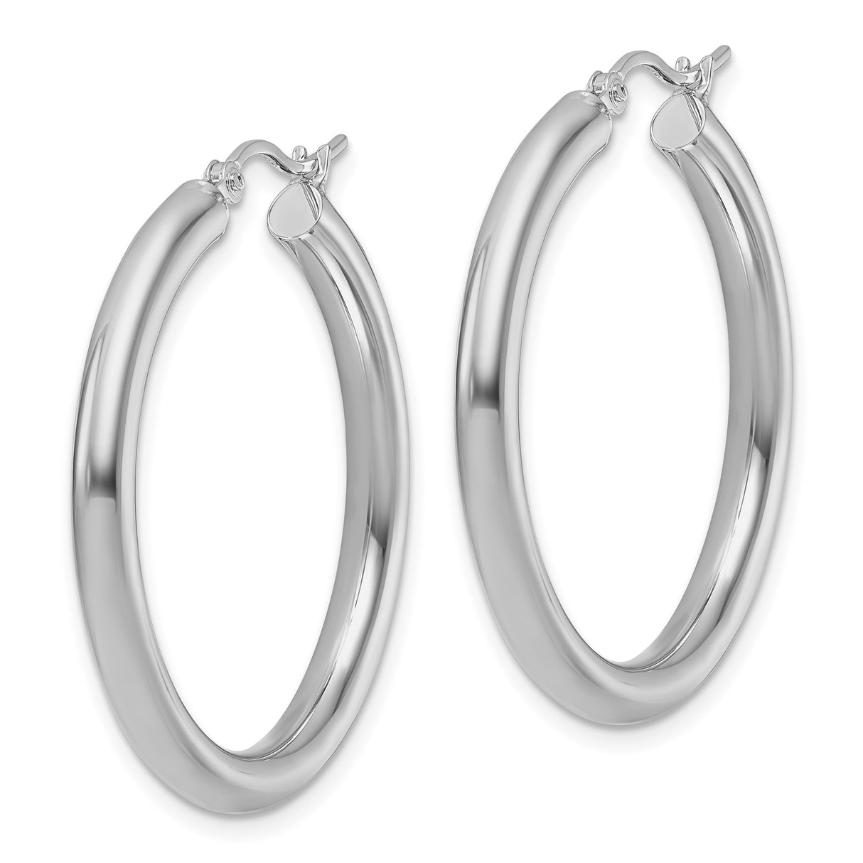 10k White Gold Hoop Earrings, Classic Round Polished Design, Medium to Large Size