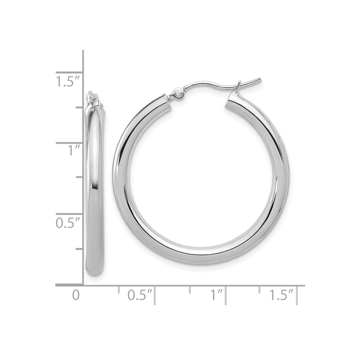 10k White Gold Hoop Earrings, Classic Round Polished Design, Medium to Large Size