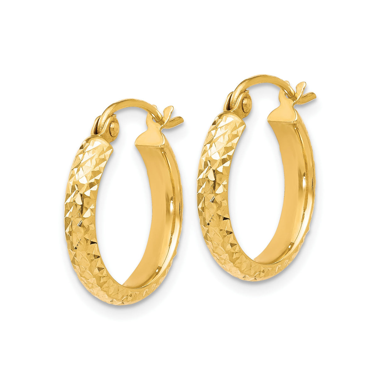 10k Yellow Gold Hoop Earrings, Diamond Cut Textured Faceted Design, Hinged Snap Closure