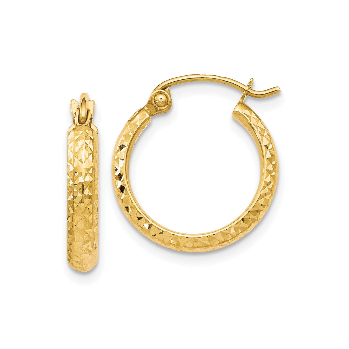 10k Yellow Gold Hoop Earrings, Diamond Cut Textured Faceted Design, Hinged Snap Closure