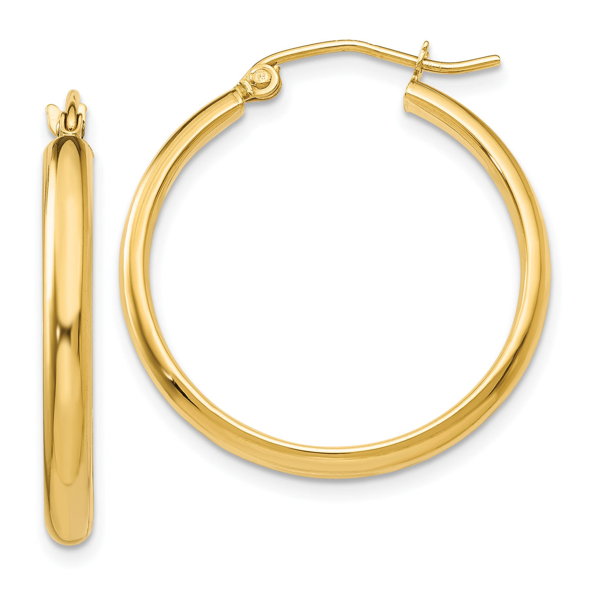 14k Yellow Gold Hoop Earrings, Polished Round Design with Hinged Clasp for Women