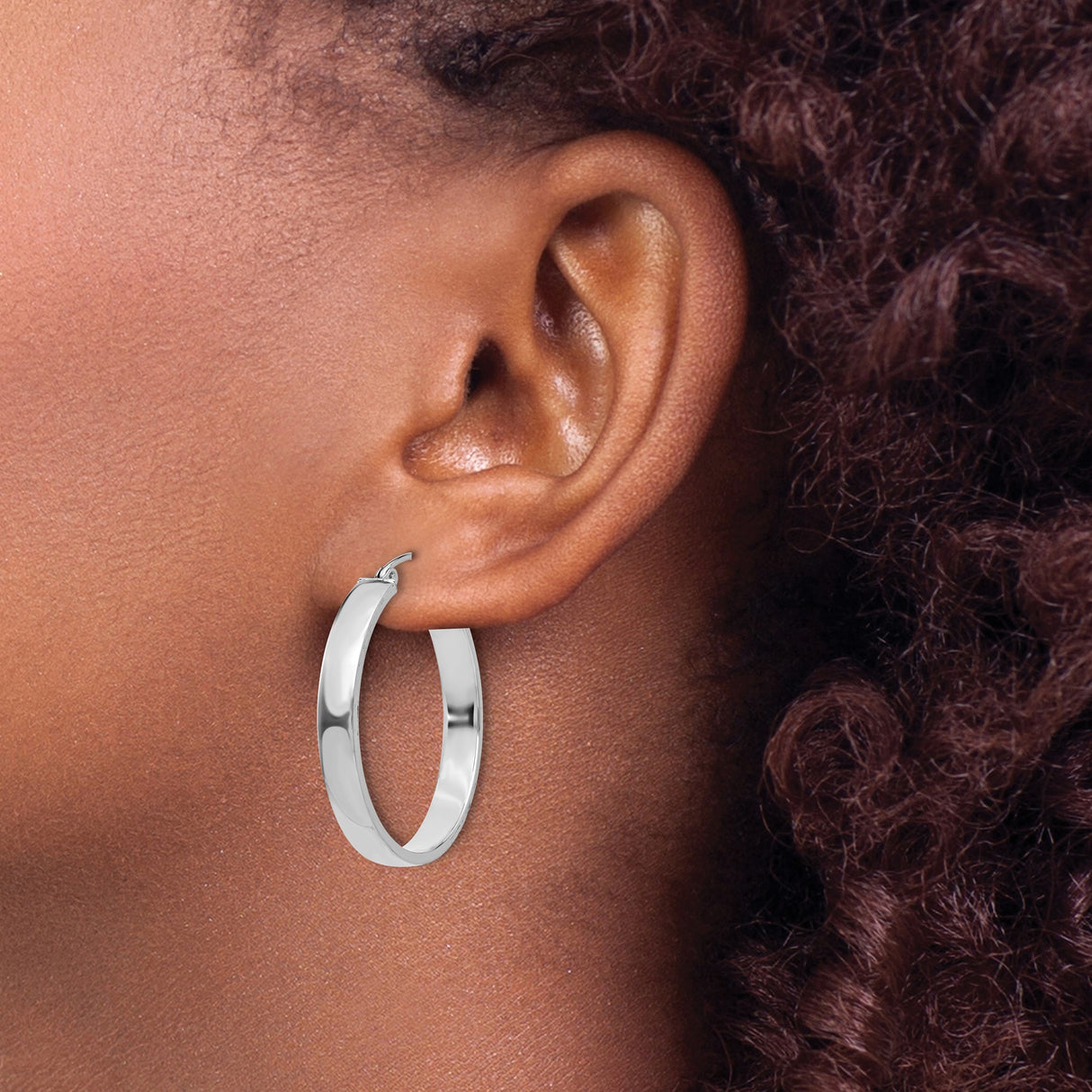 14k White Gold Hoop Earrings, Polished Silver Tone, Classic Round Mirror Finish