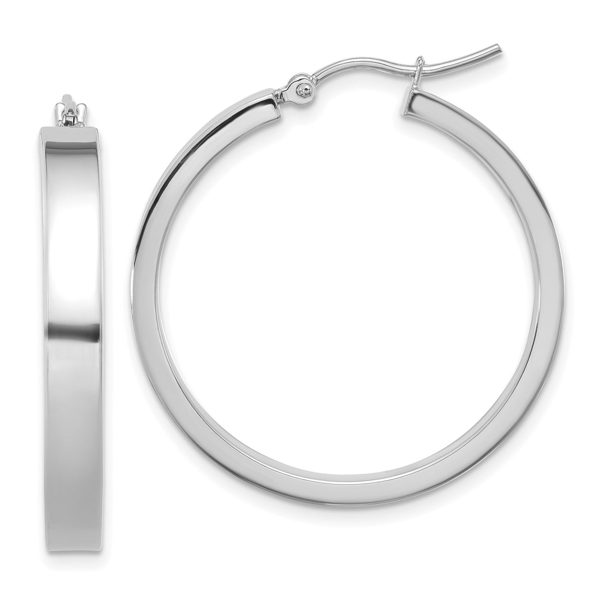 14k White Gold Hoop Earrings, Polished Silver Tone, Classic Round Mirror Finish