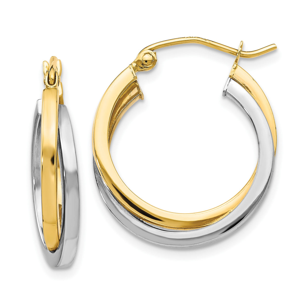 10k Two-Tone Gold Hoop Earrings with Polished Twist Design for Women, 14mm Diameter