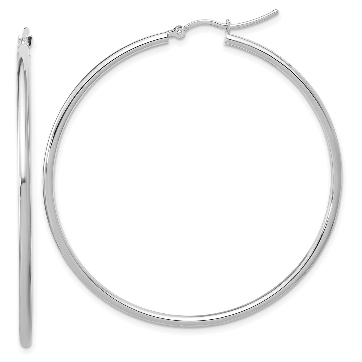 10k White Gold Hoop Earrings, Hinged Closure, Polished Lightweight Round Design