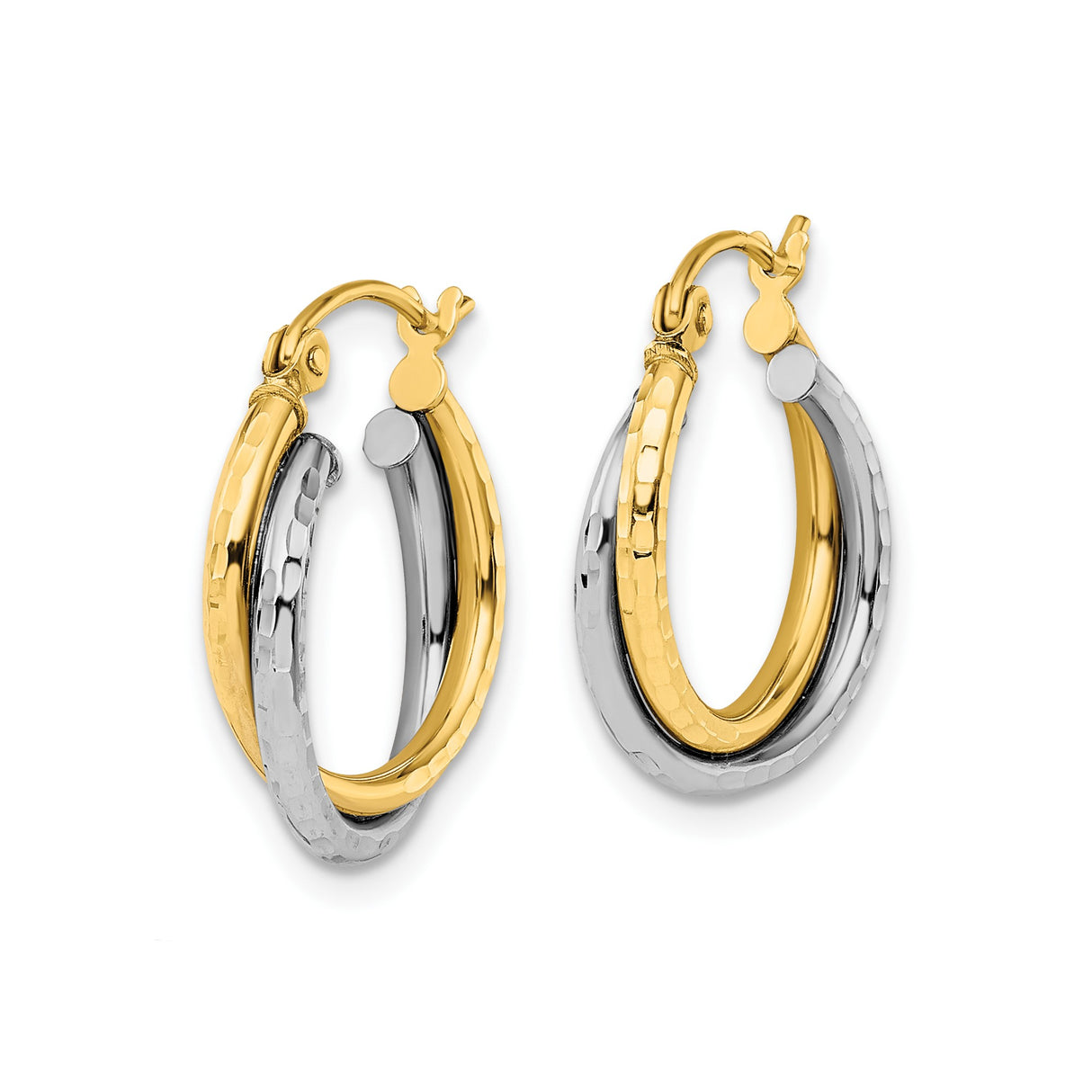 10k Yellow Gold Hoop Earrings with Twisted Hammered Two-Tone Design for Women