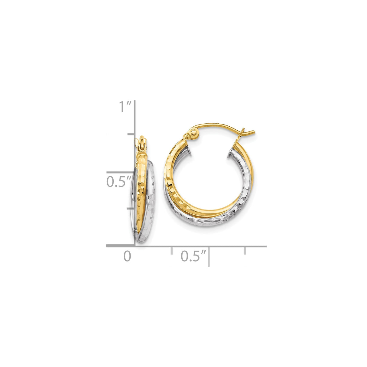 10k Yellow Gold Hoop Earrings with Twisted Hammered Two-Tone Design for Women