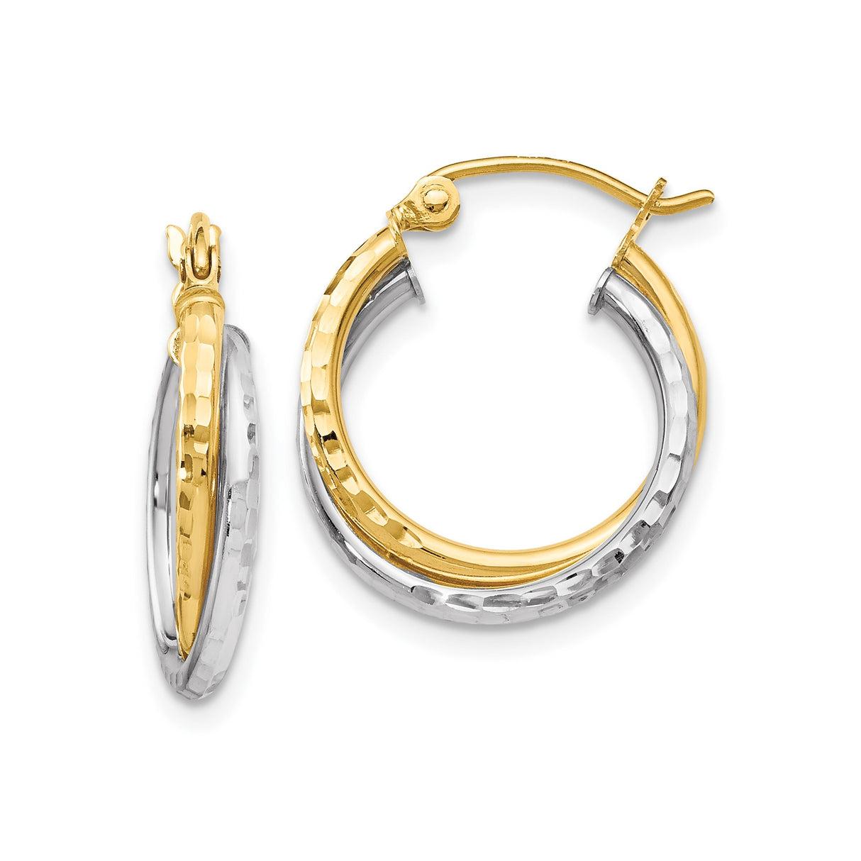 10k Yellow Gold Hoop Earrings with Twisted Hammered Two-Tone Design for Women