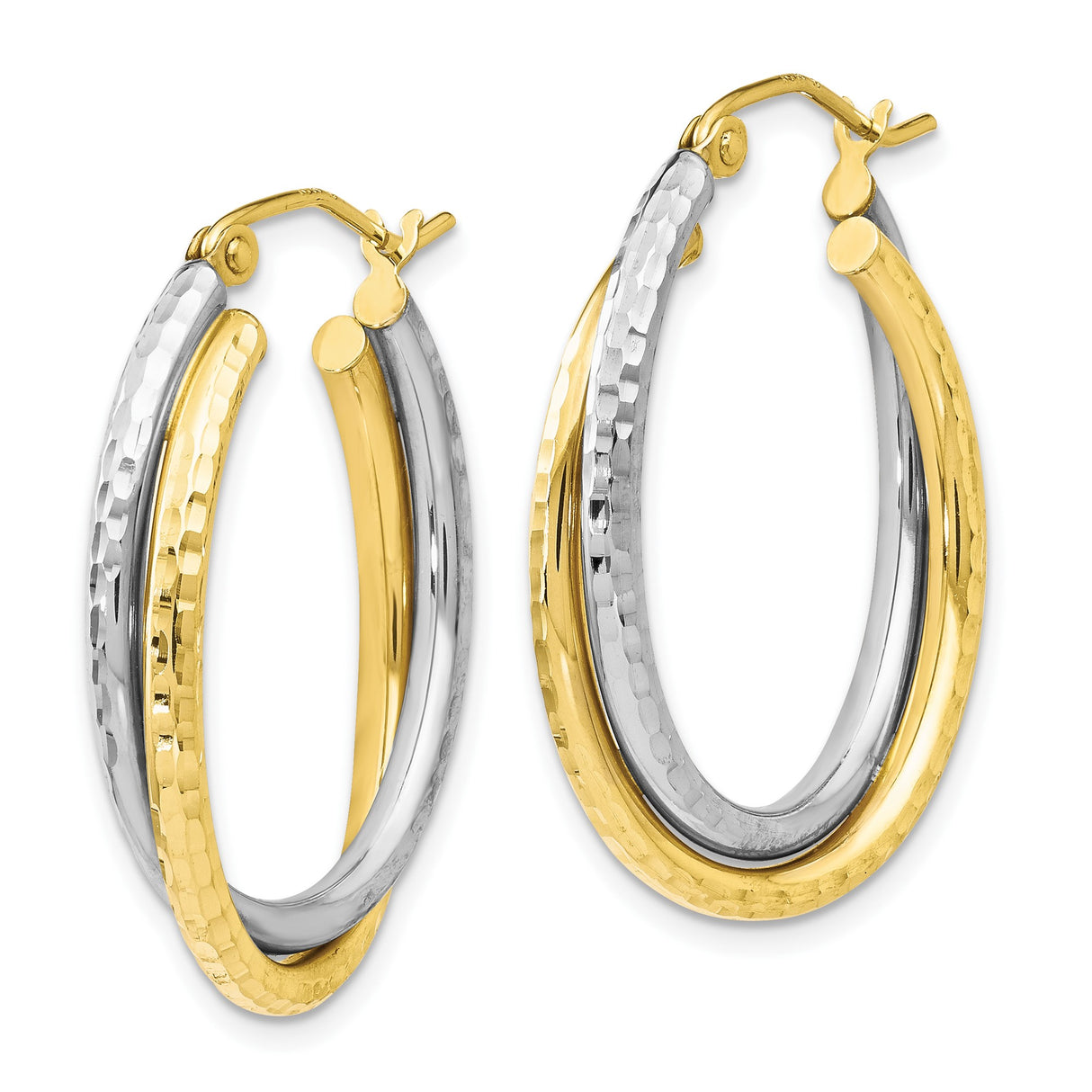 10k Yellow Gold Hoop Earrings, Two-Tone Hammered and Polished Textured Finish