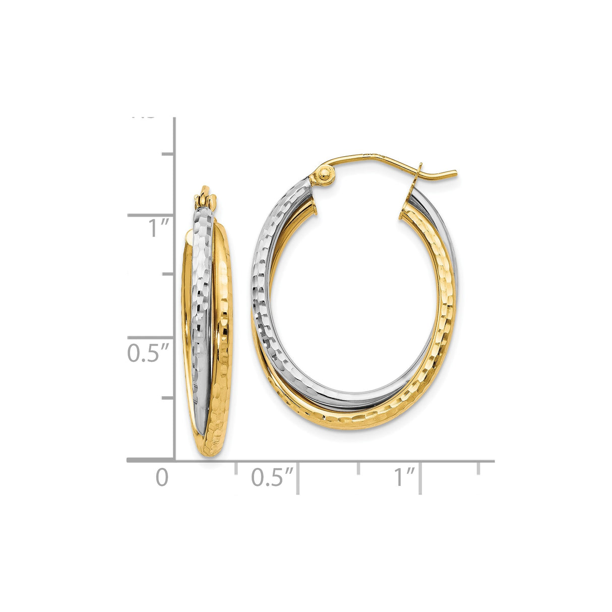 10k Yellow Gold Hoop Earrings, Two-Tone Hammered and Polished Textured Finish