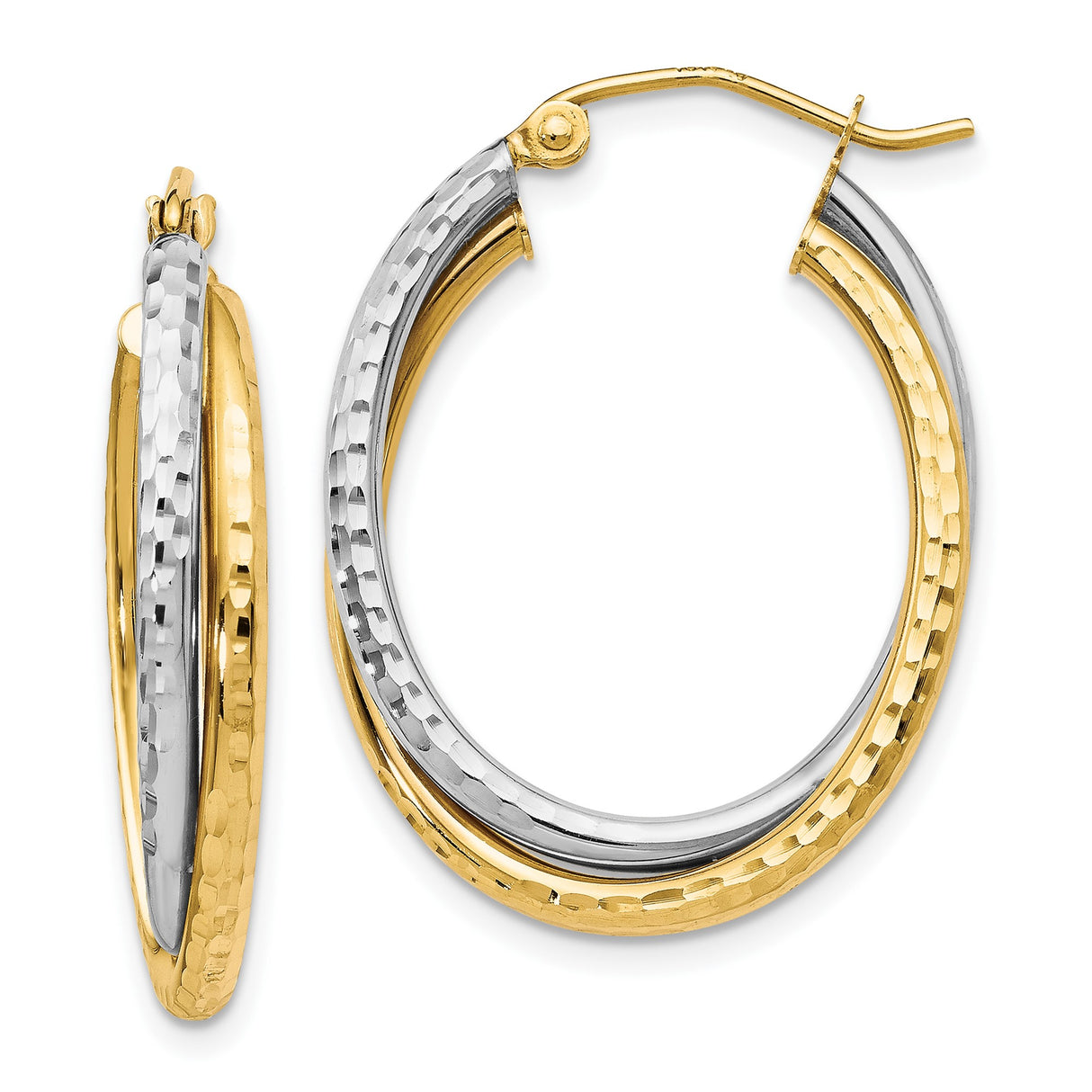10k Yellow Gold Hoop Earrings, Two-Tone Hammered and Polished Textured Finish