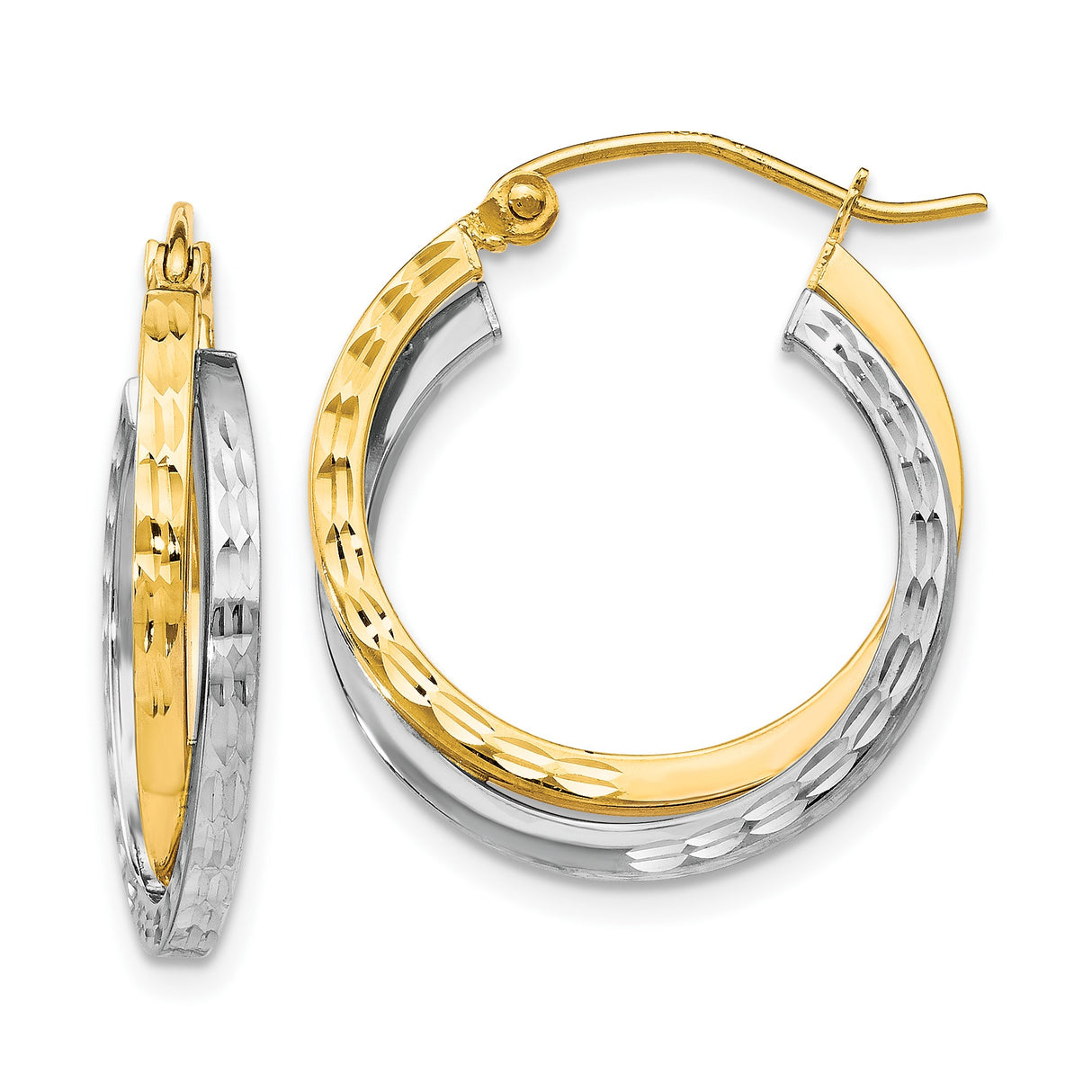 10k Two-Tone Gold Hoop Earrings with Polished Finish and Diamond Cut Detailing