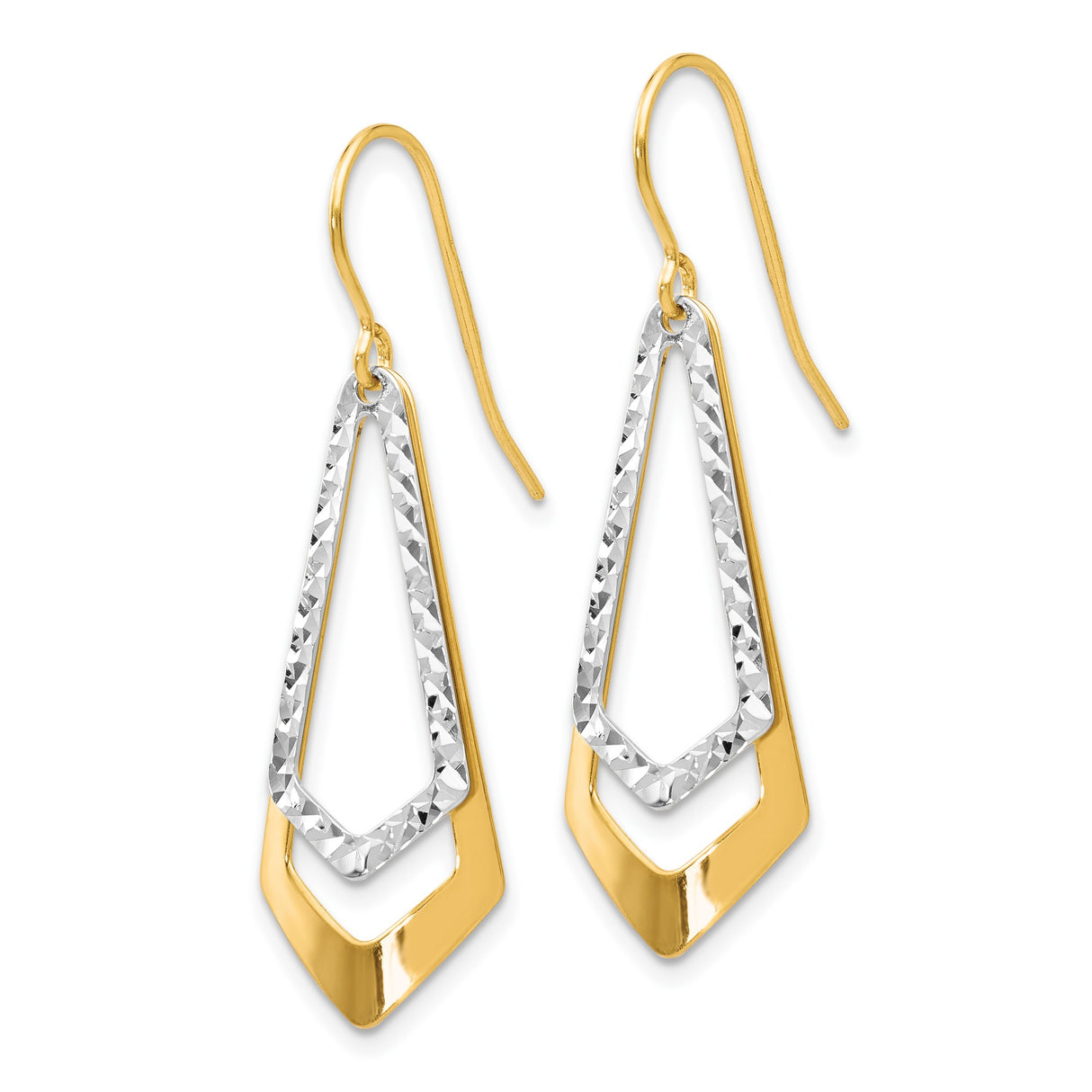 10k Two Tone Gold Dangle Earrings with Textured White Gold Accents, Geometric Drop Design