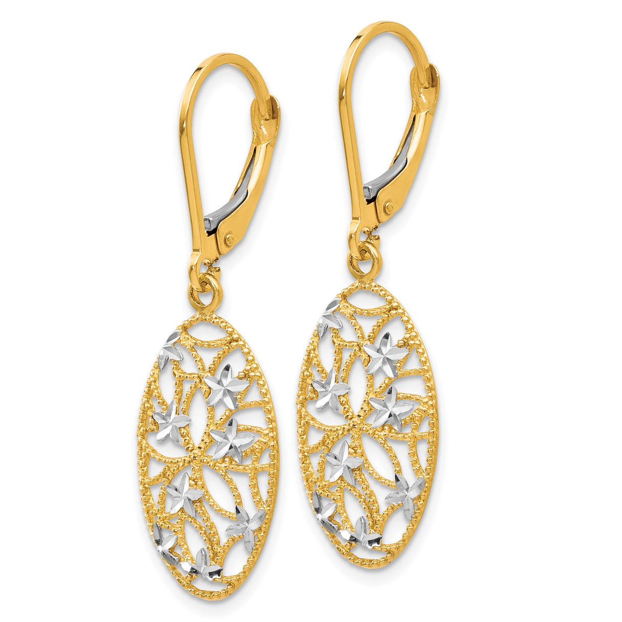 10k Yellow Gold Drop Earrings with Rhodium Accents, Floral Filigree Leverback Design