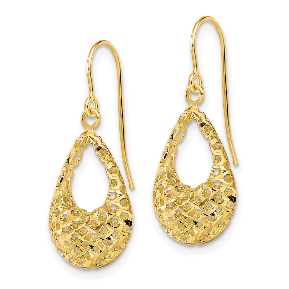 10k Yellow Gold Teardrop Dangle Earrings with Textured Diamond Cut Filigree Design