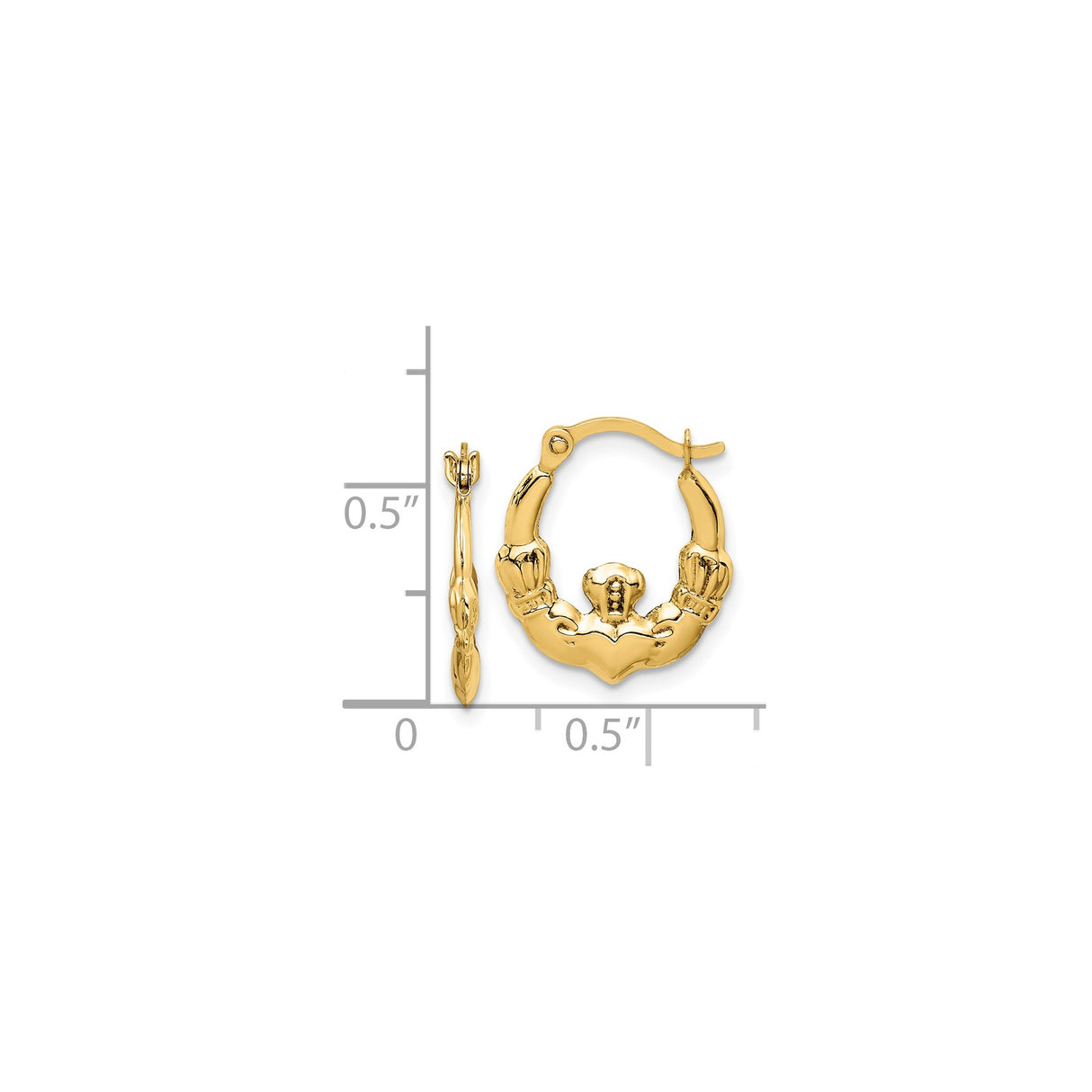 14k Yellow Gold Claddagh Hoop Earrings with Crowned Heart and Hands Design, Celtic Symbol for Women