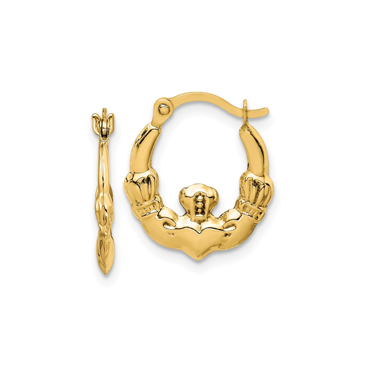 14k Yellow Gold Claddagh Hoop Earrings with Crowned Heart and Hands Design, Celtic Symbol for Women