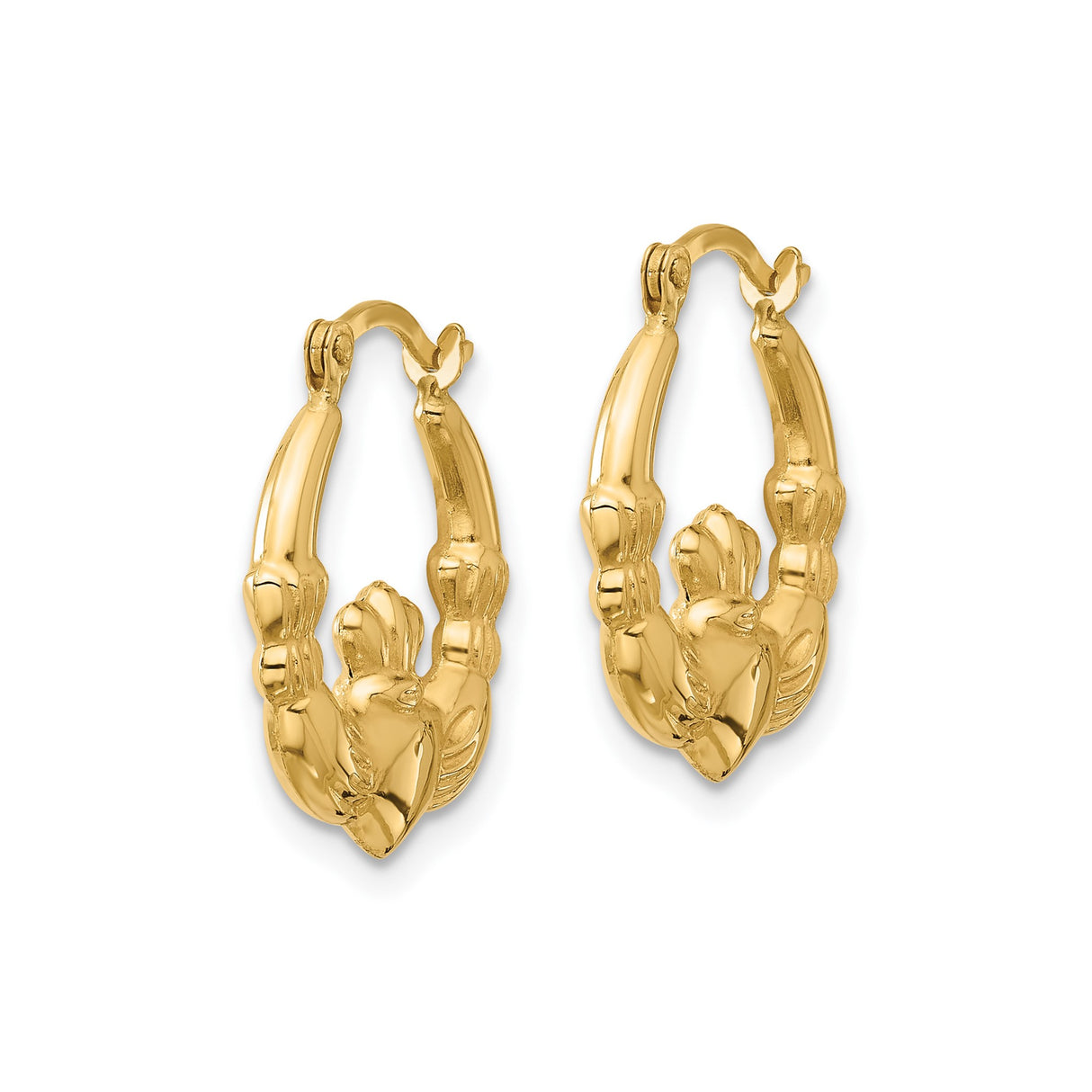 14k Yellow Gold Claddagh Hoop Earrings with Heart and Crown Design