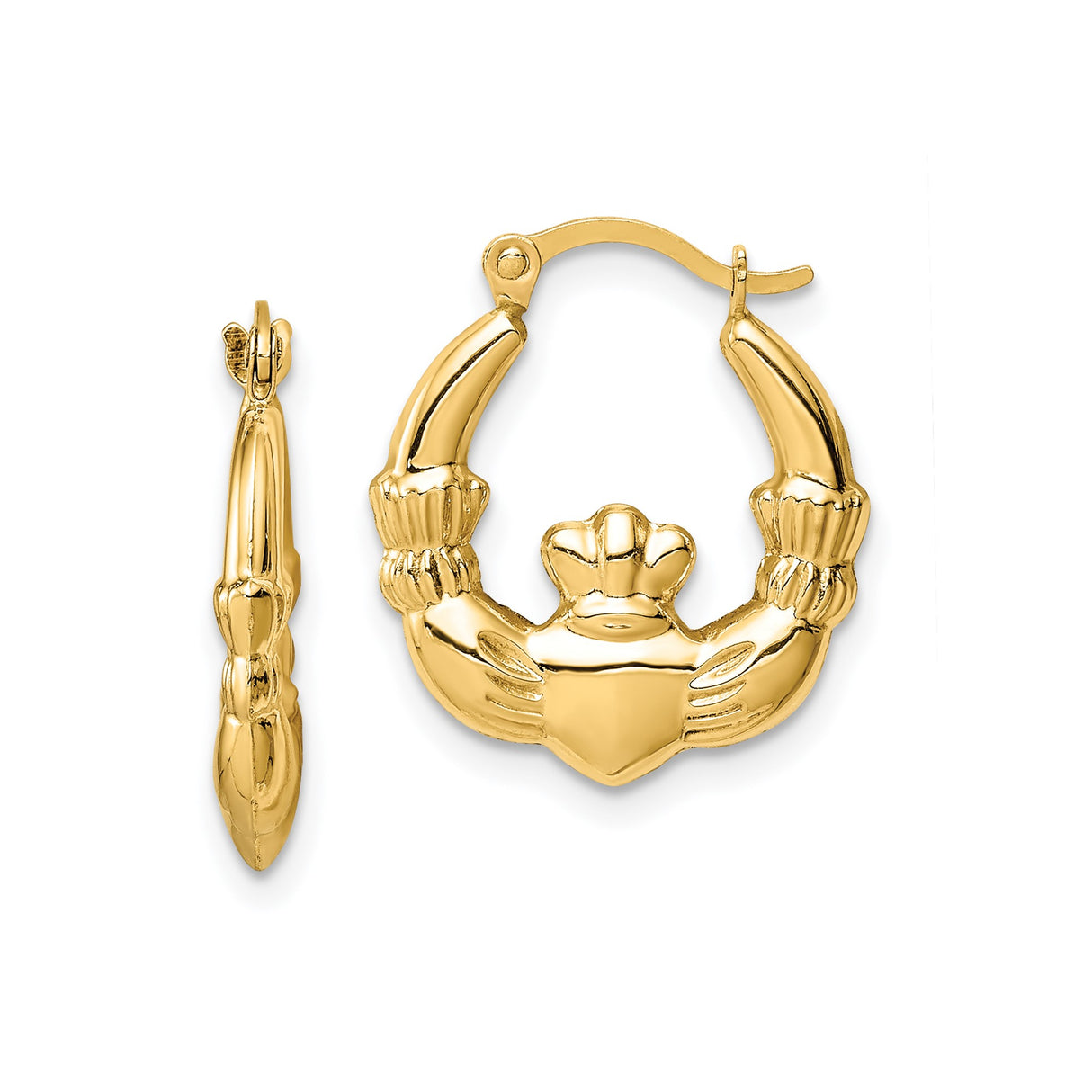 14k Yellow Gold Claddagh Hoop Earrings with Heart and Crown Design