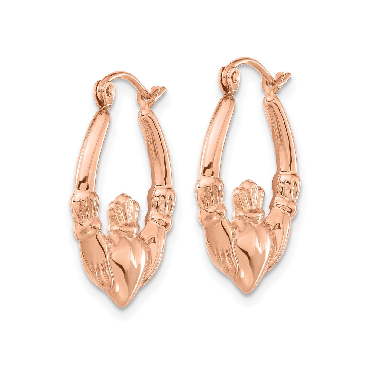 14k Rose Gold Claddagh Hoop Earrings with Heart, Hand, and Crown Symbol for Women