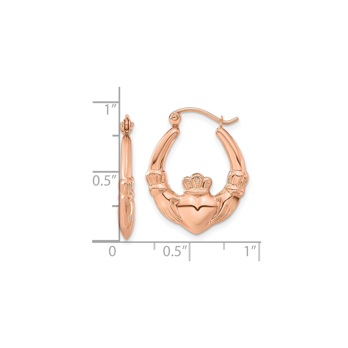 14k Rose Gold Claddagh Hoop Earrings with Heart, Hand, and Crown Symbol for Women