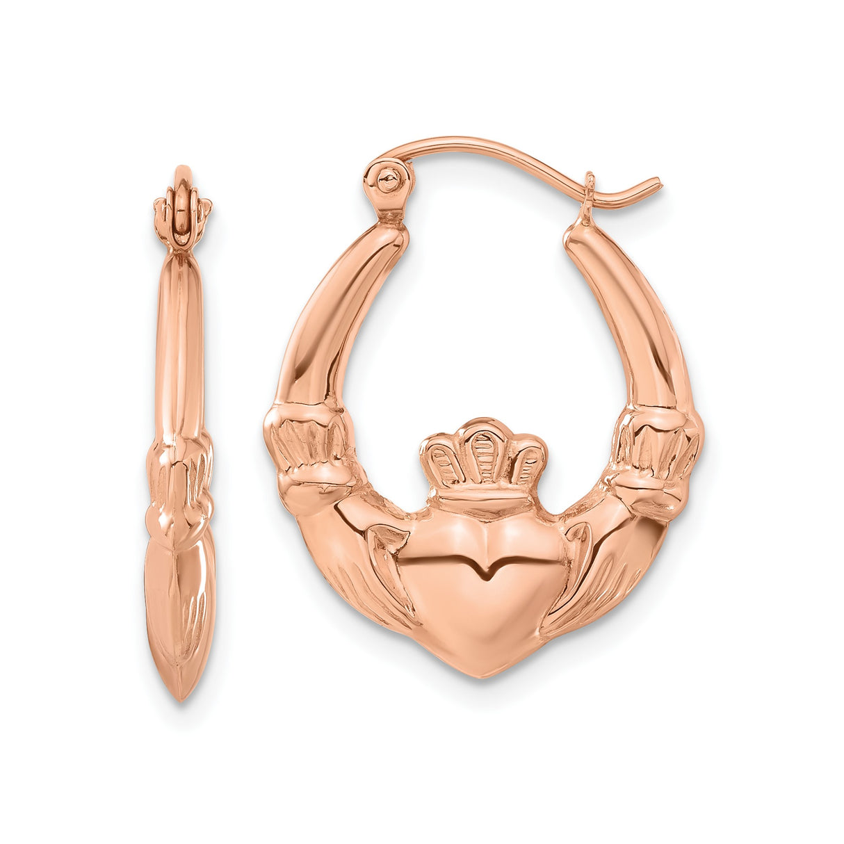 14k Rose Gold Claddagh Hoop Earrings with Heart, Hand, and Crown Symbol for Women