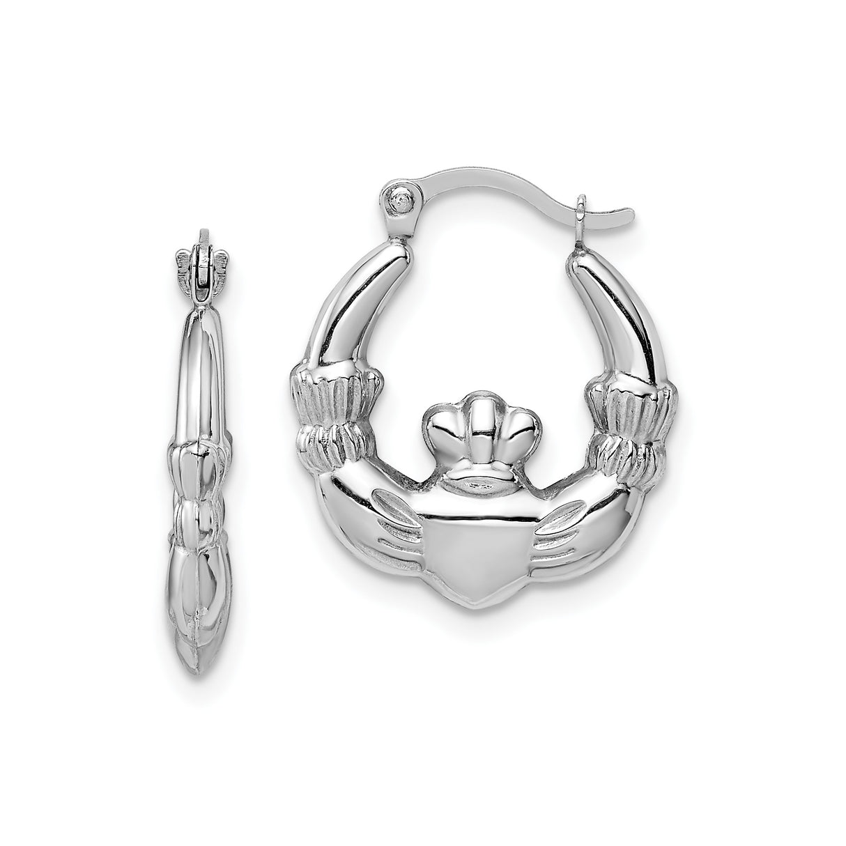 14k White Gold Claddagh Hoop Earrings with Heart, Crown and Hands Celtic Design