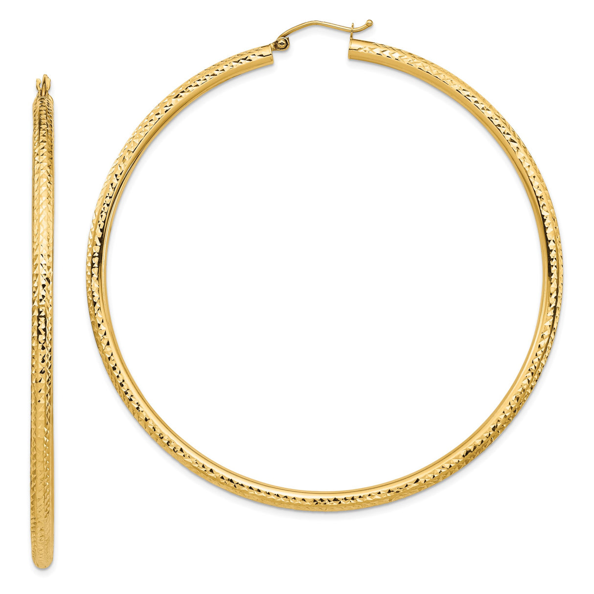 14k Yellow Gold Hoop Earrings, Diamond-Cut Texture, High-Polish Finish, Lightweight Classic Style