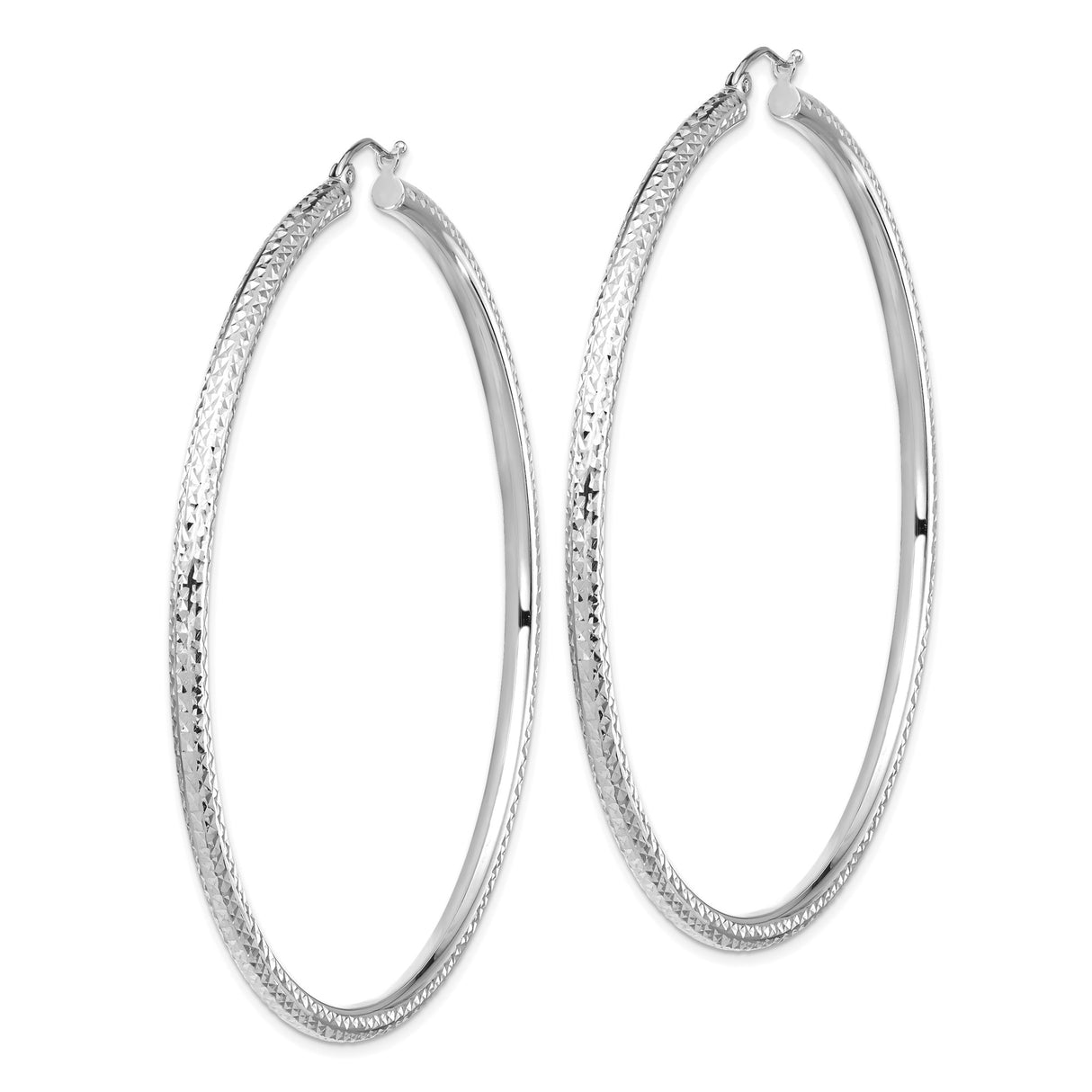 14k White Gold Hoop Earrings with Polished Diamond Cut Texture, Lightweight Classic Design
