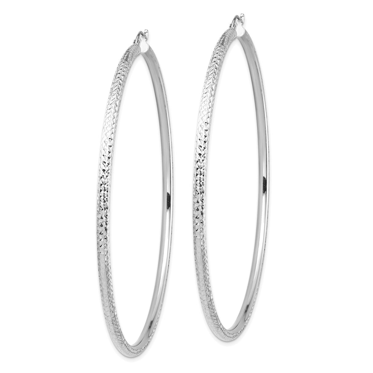 14k White Gold Hoop Earrings with Diamond Cut Design, Textured High Polish Finish, Lightweight Style
