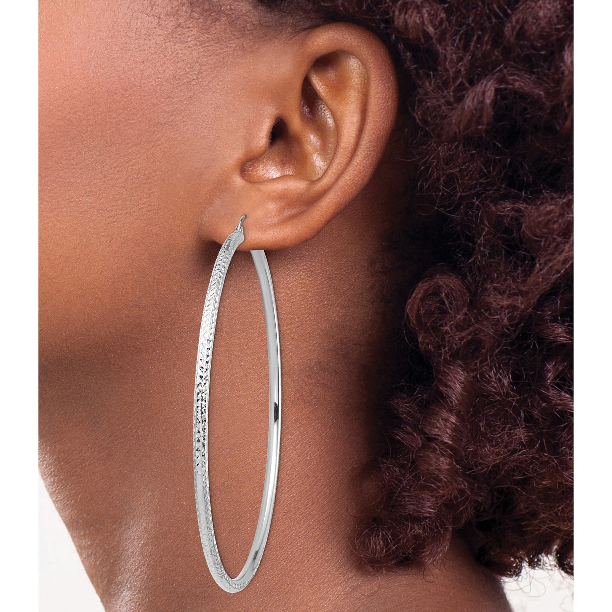 14k White Gold Hoop Earrings with Diamond Cut Design, Textured High Polish Finish, Lightweight Style